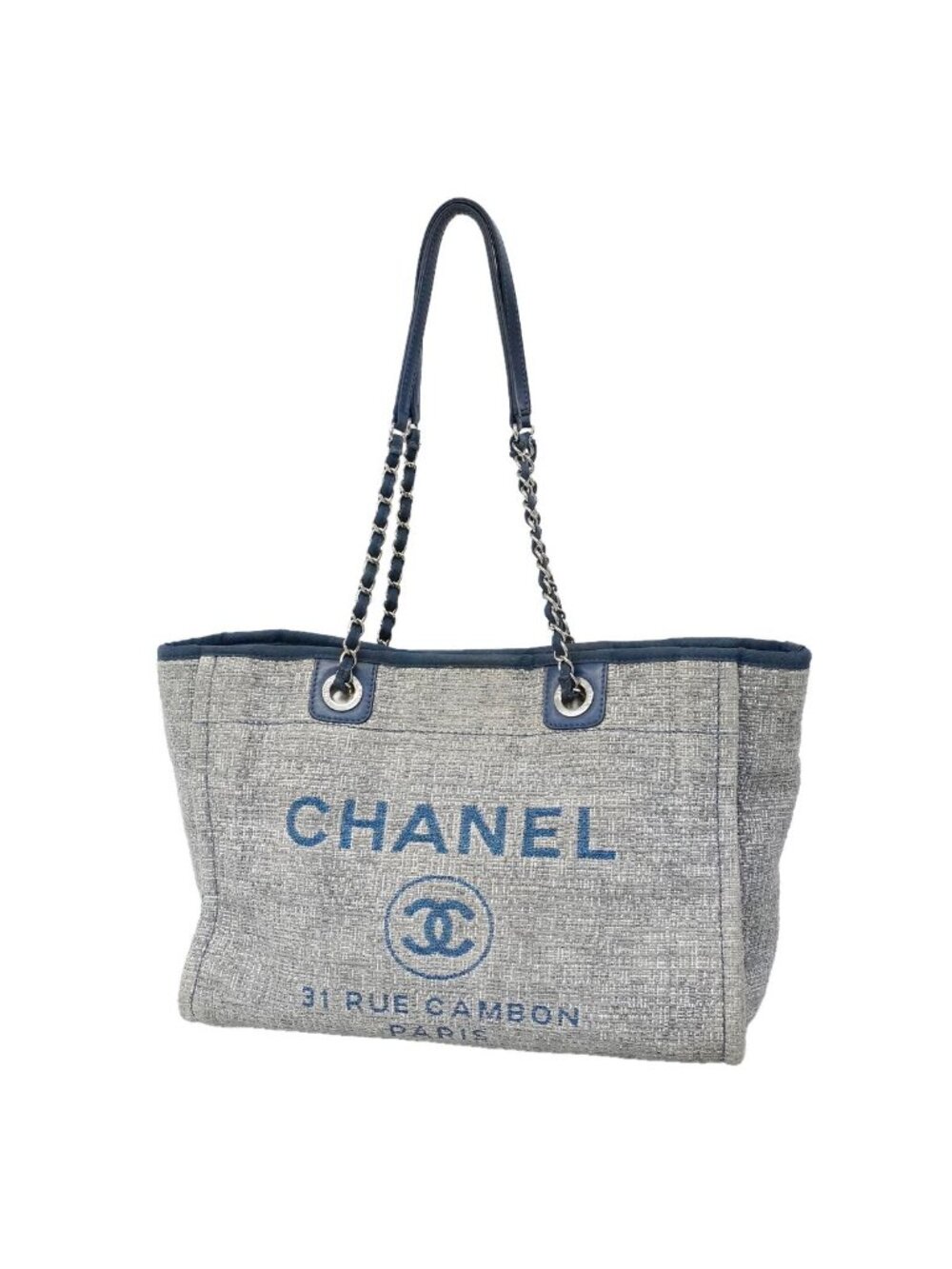 Chanel Chain Tote Deauville Tweed Navy Silver